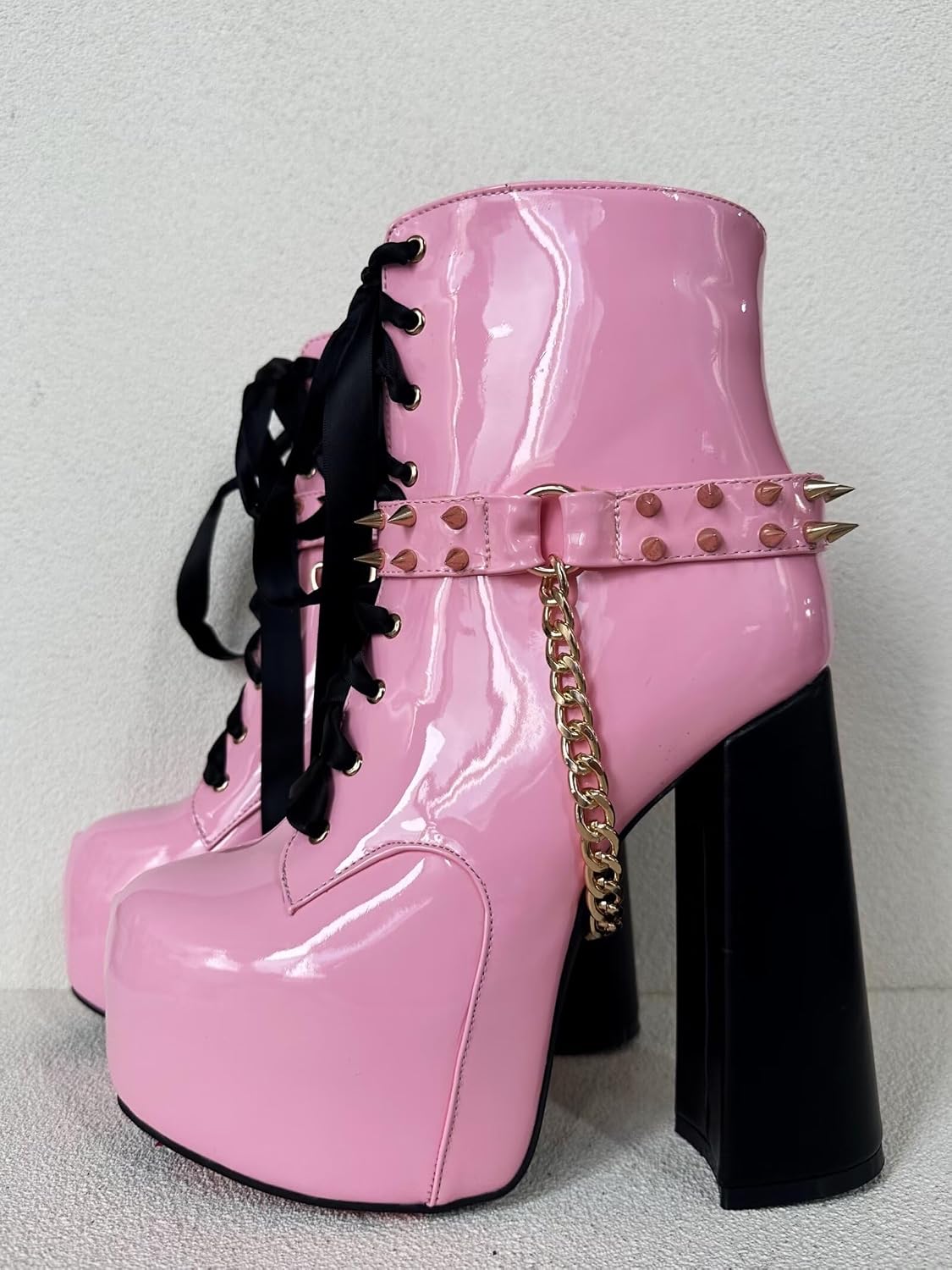Frankie Hsu Sexig Chunky Plattform Ankel Högklackad Bootie, Söt Härlig Rosa Patent Guldkedja Nitar Lollita Gotisk Boot, Stor Stor Storlek US5-19 Skor för Kvinnor Män