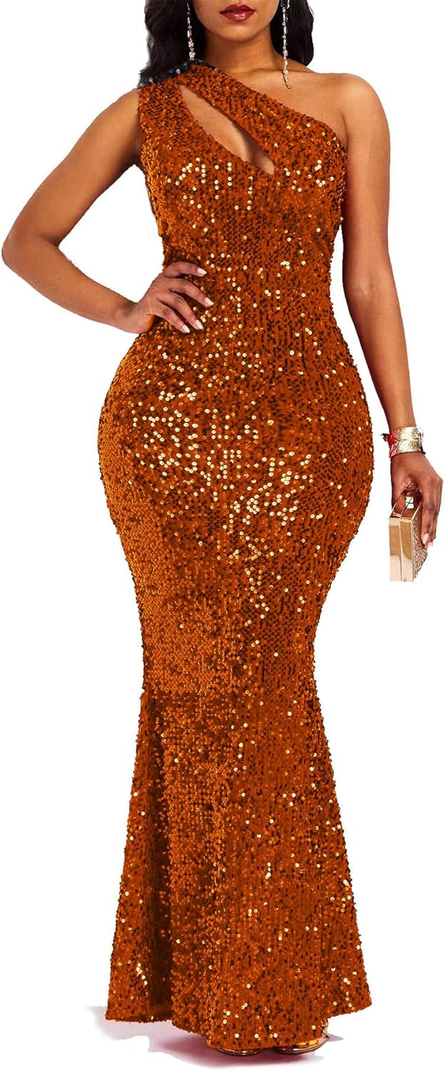 VERWIN Paljetter mode ärmlös sned krage sjöjungfru dam maxiklänning bodycon klänning festklänning