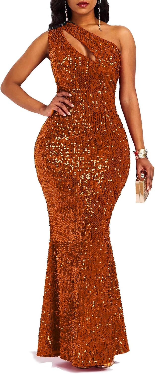 VERWIN Paljetter mode ärmlös sned krage sjöjungfru dam maxiklänning bodycon klänning festklänning