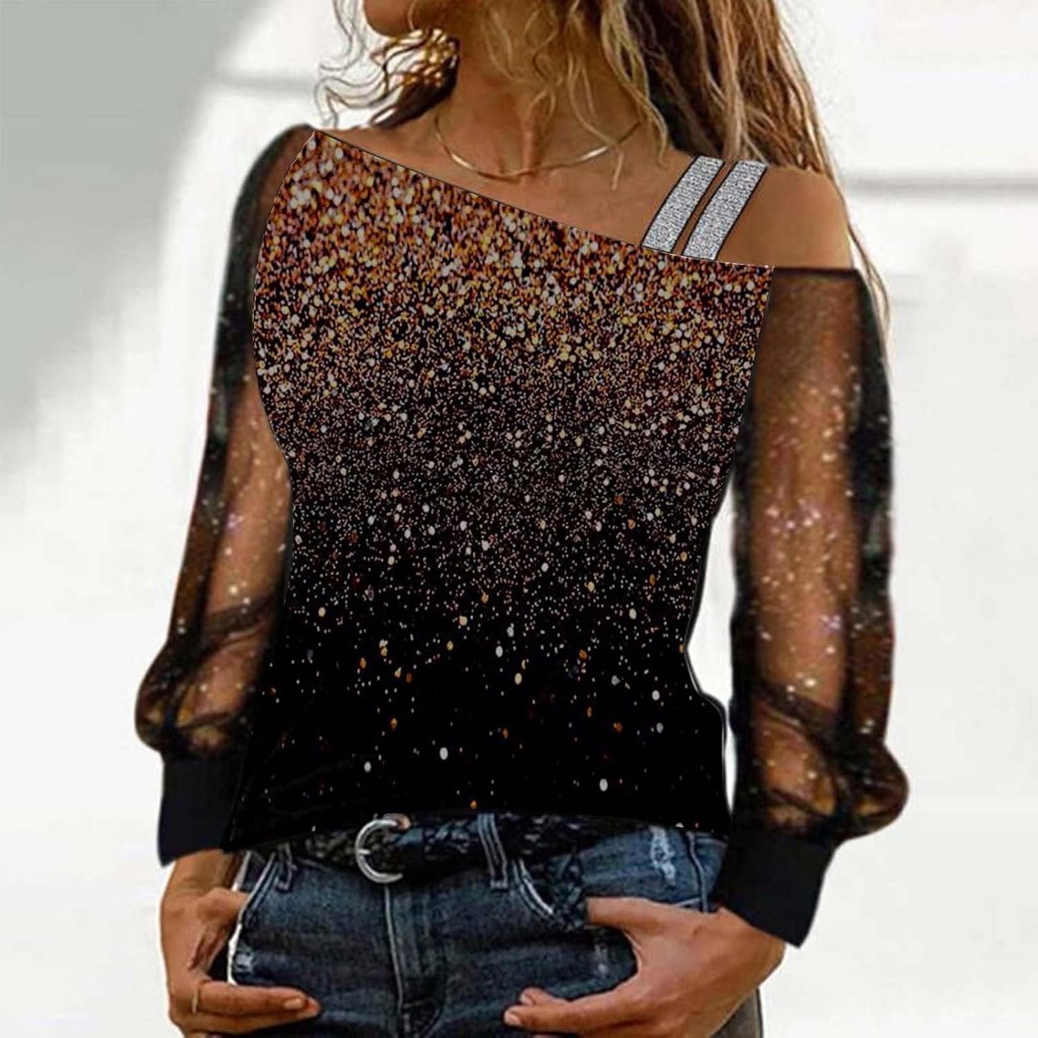 Elegant damskjorta paljetter nyår axellös elegant nät med paljetter plus storlek t-shirts för fest och kväll cocktail ceremoni kurviga toppar långärmad glitter blus 2025