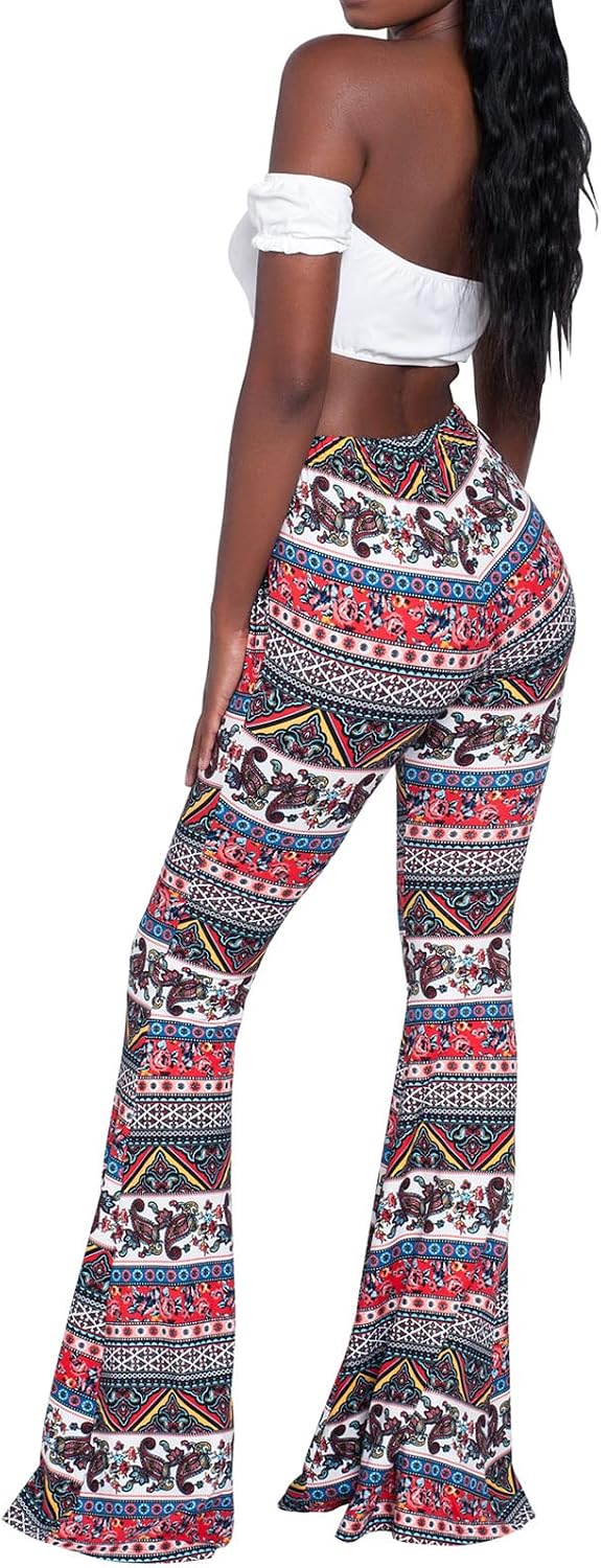 Nuofengkudu Dam vintage tryckta långa utsvängda byxor hög midja stretchiga vida ben yogabyxor