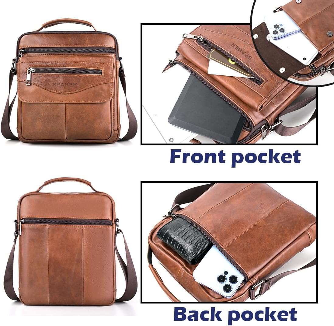 SPAHER Stor Herr Läderväska Handväska Axelväska Företag Kurirväska Cross Body Casual Sling Arrangör Reseväska För plånboksfodral med Topphandtag och Justerbar Rem Brun
