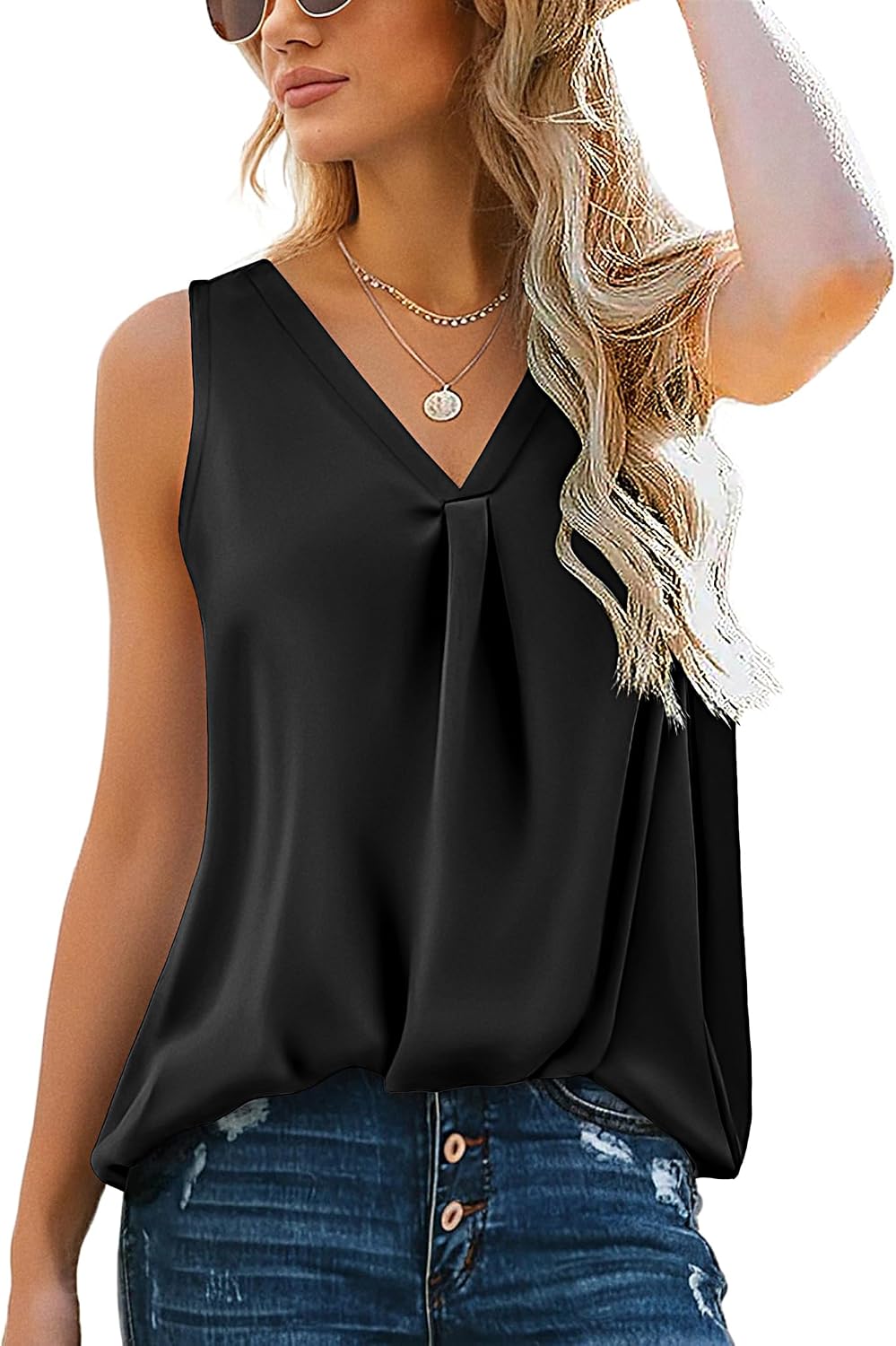 Hotouch Toppar damer, satin, linne, sommar, ärmlösa blustoppar, ledig, v-ringad, linne, eleganta toppar, lediga blusar, skjorta