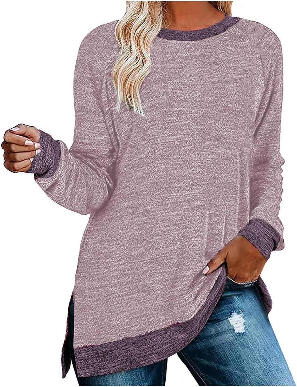 HUIFUAO T-shirt för kvinnor långärmad rund hals färgblock delad topp lös pullover topp skjorta kvinnor svart plus size t-shirt
