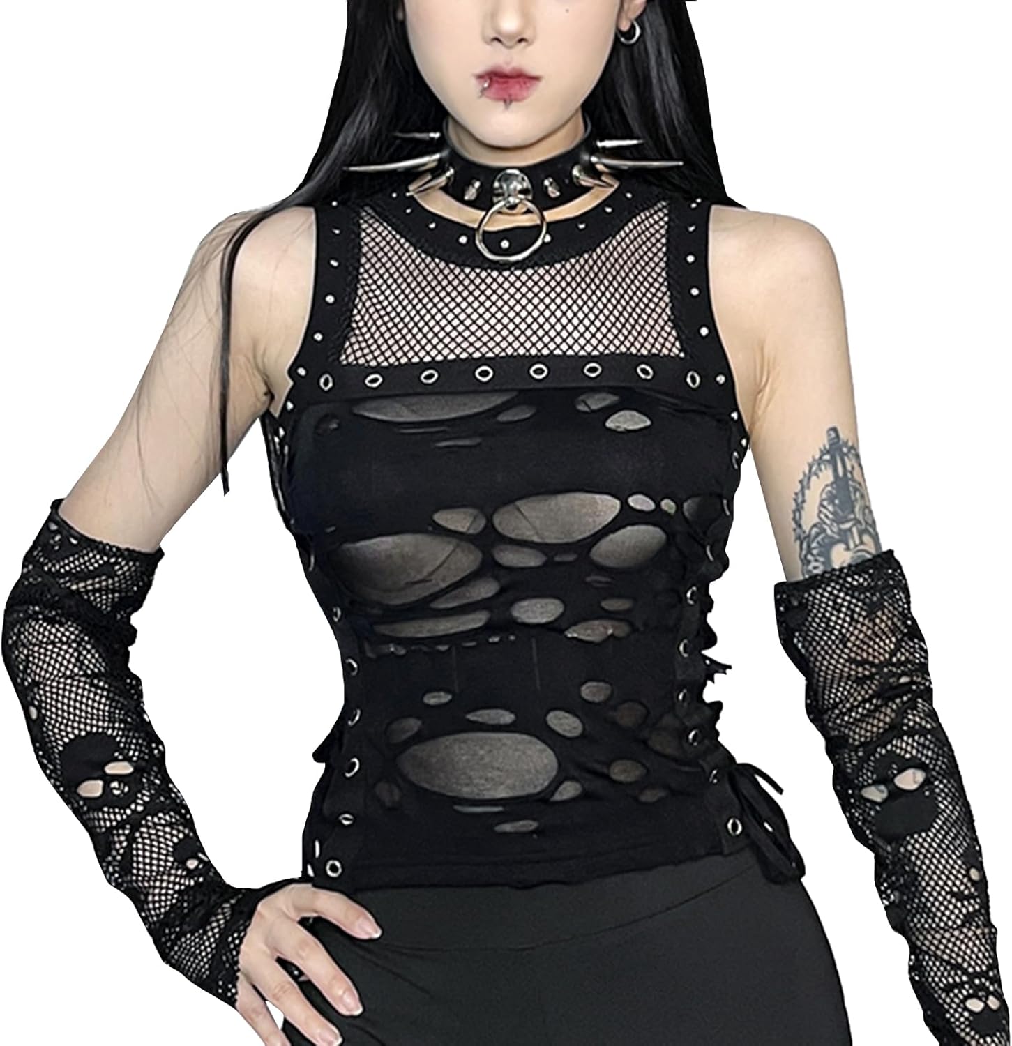FEOYA Damer gotisk topp Y2k crop top spets goth tank top punk ihålig topp vintage väst lapptäcke bodycon t-shirt