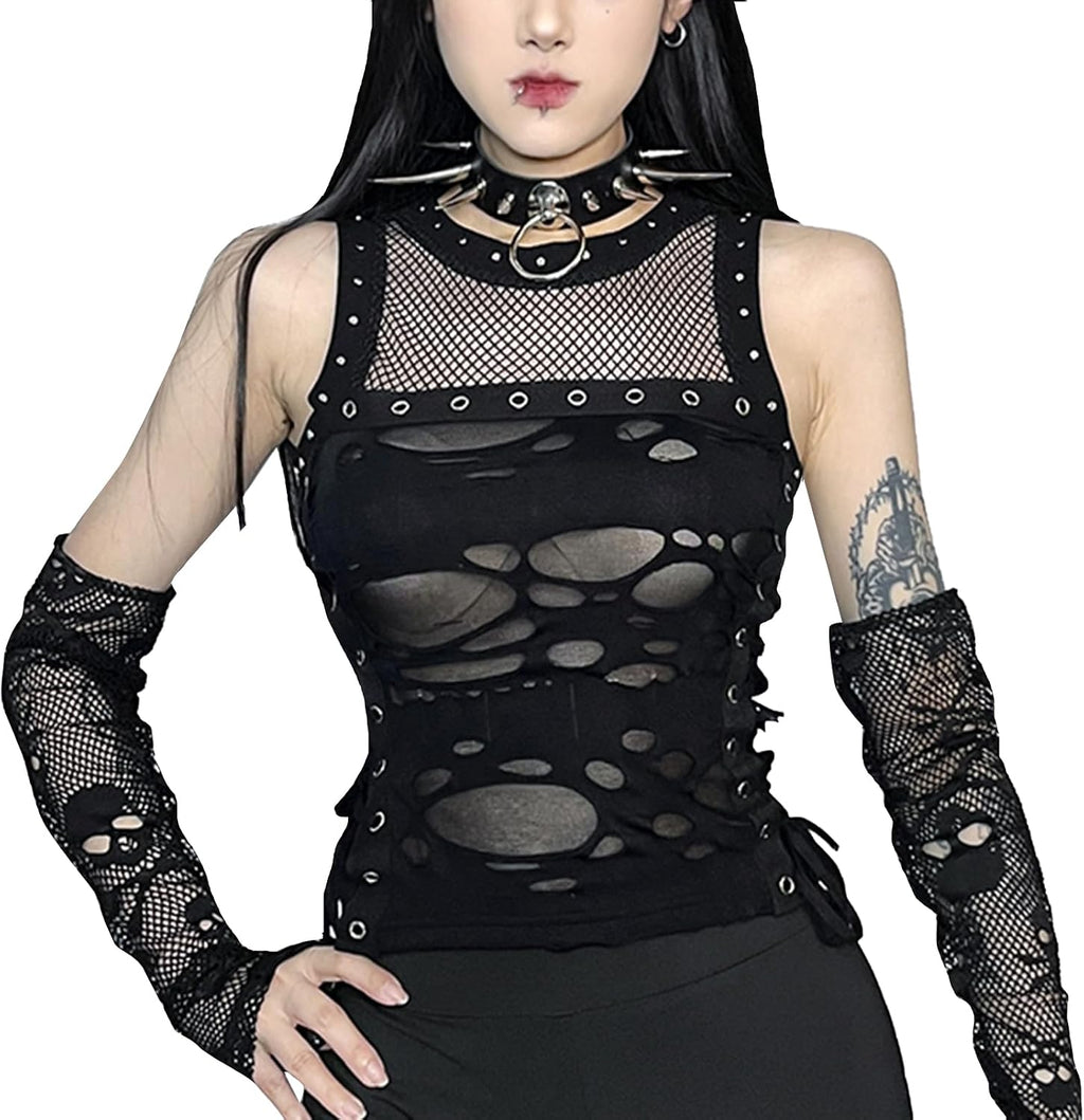FEOYA Damer gotisk topp Y2k crop top spets goth tank top punk ihålig topp vintage väst lapptäcke bodycon t-shirt