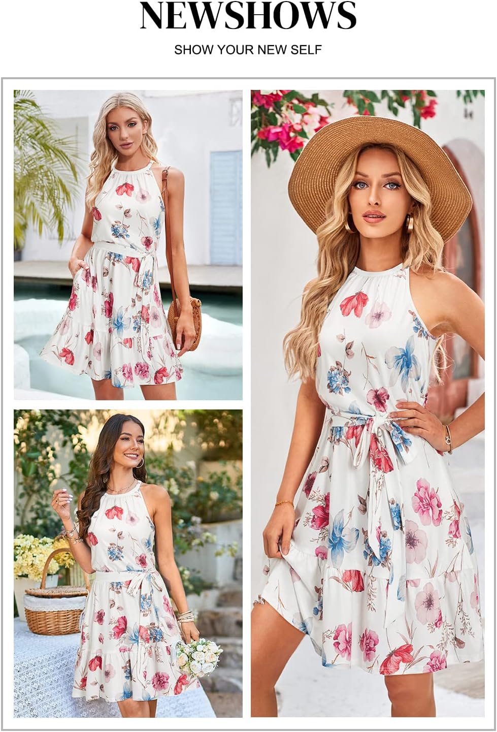 Newshows Sommarklänning för damer, halterneck-klänning, ärmlös klänning i ledig stil, solklänning med volang, klänning med fickor