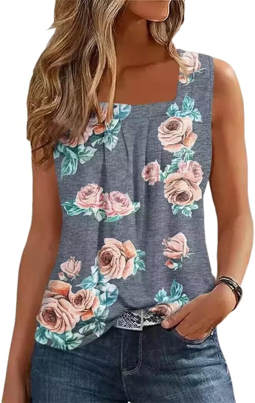 AIMITAG Färgblock veckad fyrkantig krage linne kvinnor randig tank t-shirt sommar ledig lös passform ärmlös skjorta