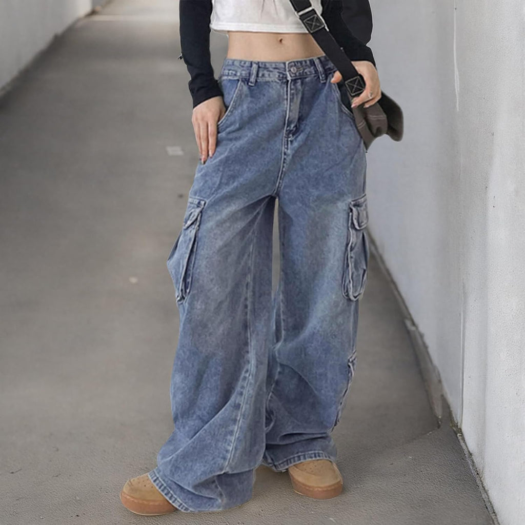 Kvinnor Y2k-jeans, gothstil, byxor i punkig emostil, säckiga, utsvängda jeans, breda ben, Harajuku grunge-byxor, hiphop-kläder