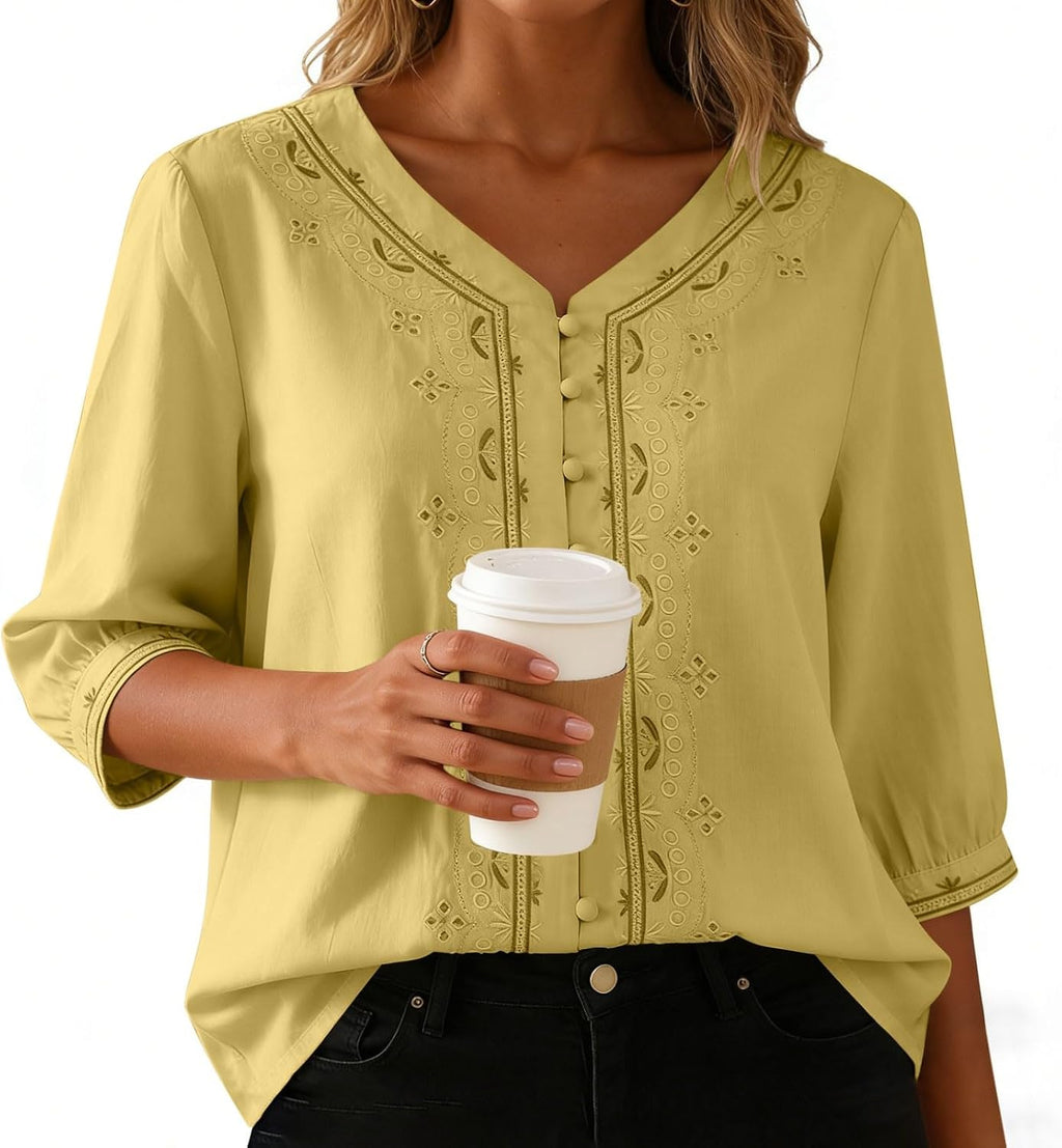Kvinnors boho toppar bomull linne halvärm v-ringad retro broderade skjortor groda knapp kinesisk stil skjorta damer lös ledig sommar topp