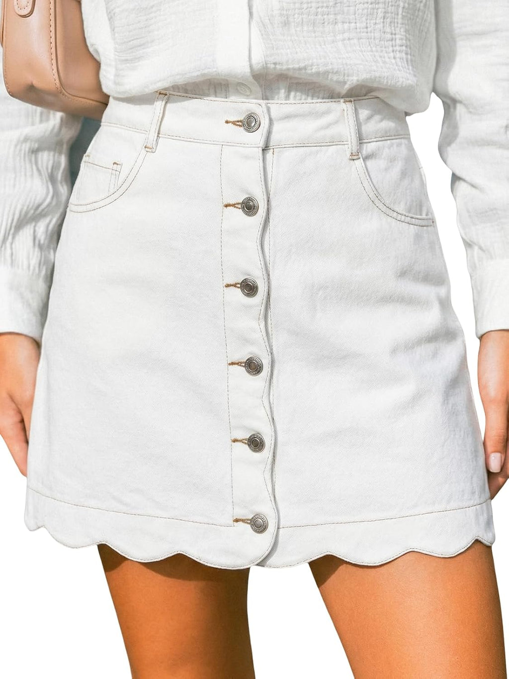 CUPSHE kvinnor denim kjol vardaglig hög midja A-linje skulpterad fåll mini jeanskjol med fickor