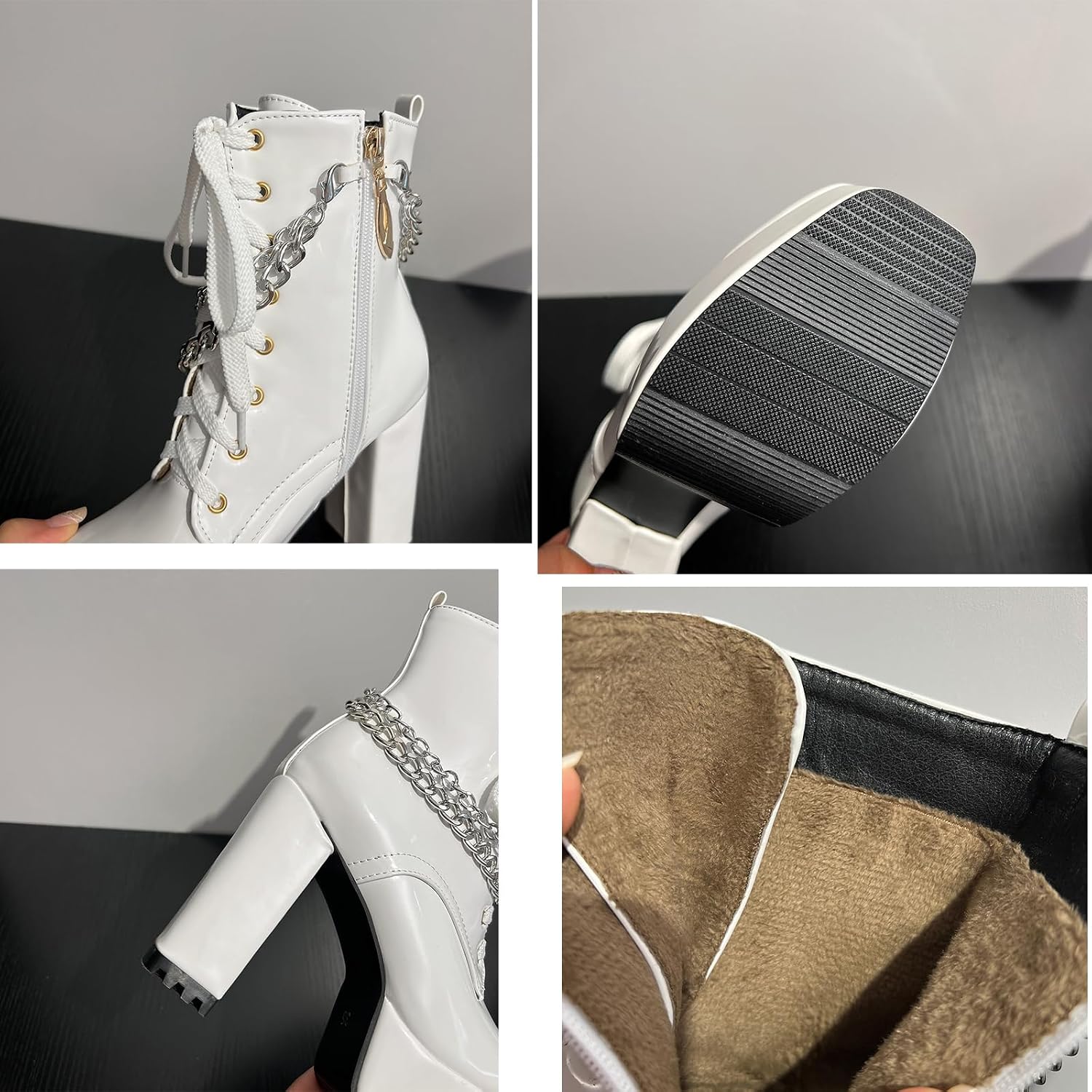 Goth Platåskor Boots för Dam, 11.5cm Blockklack Combat Boots med Kedja, Lackläder Platåstövlar Fyrkantig Tå med Dragkedja, Svart Vit Rosa