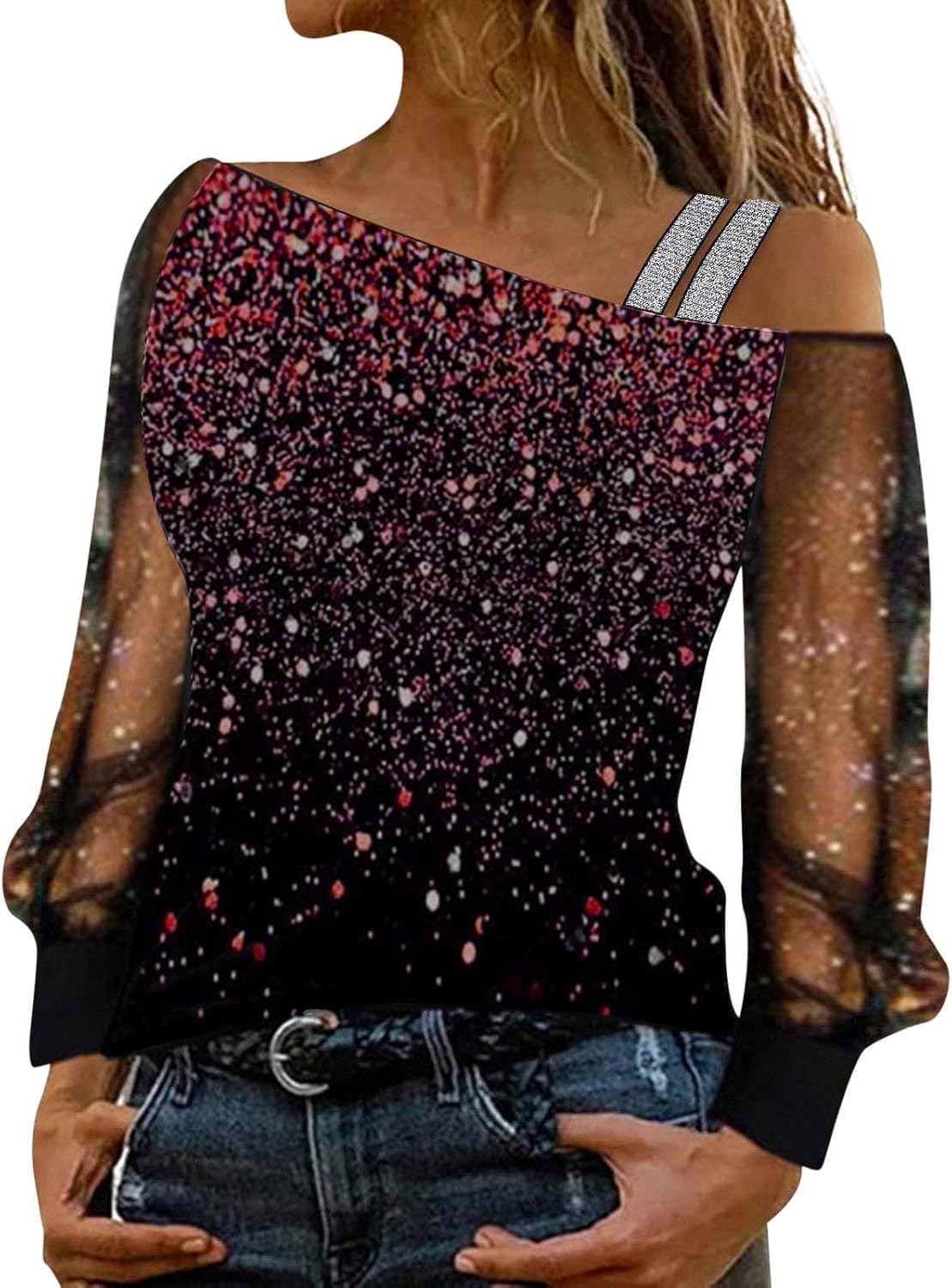 Elegant damskjorta paljetter nyår axellös elegant nät med paljetter plus storlek t-shirts för fest och kväll cocktail ceremoni kurviga toppar långärmad glitter blus 2025