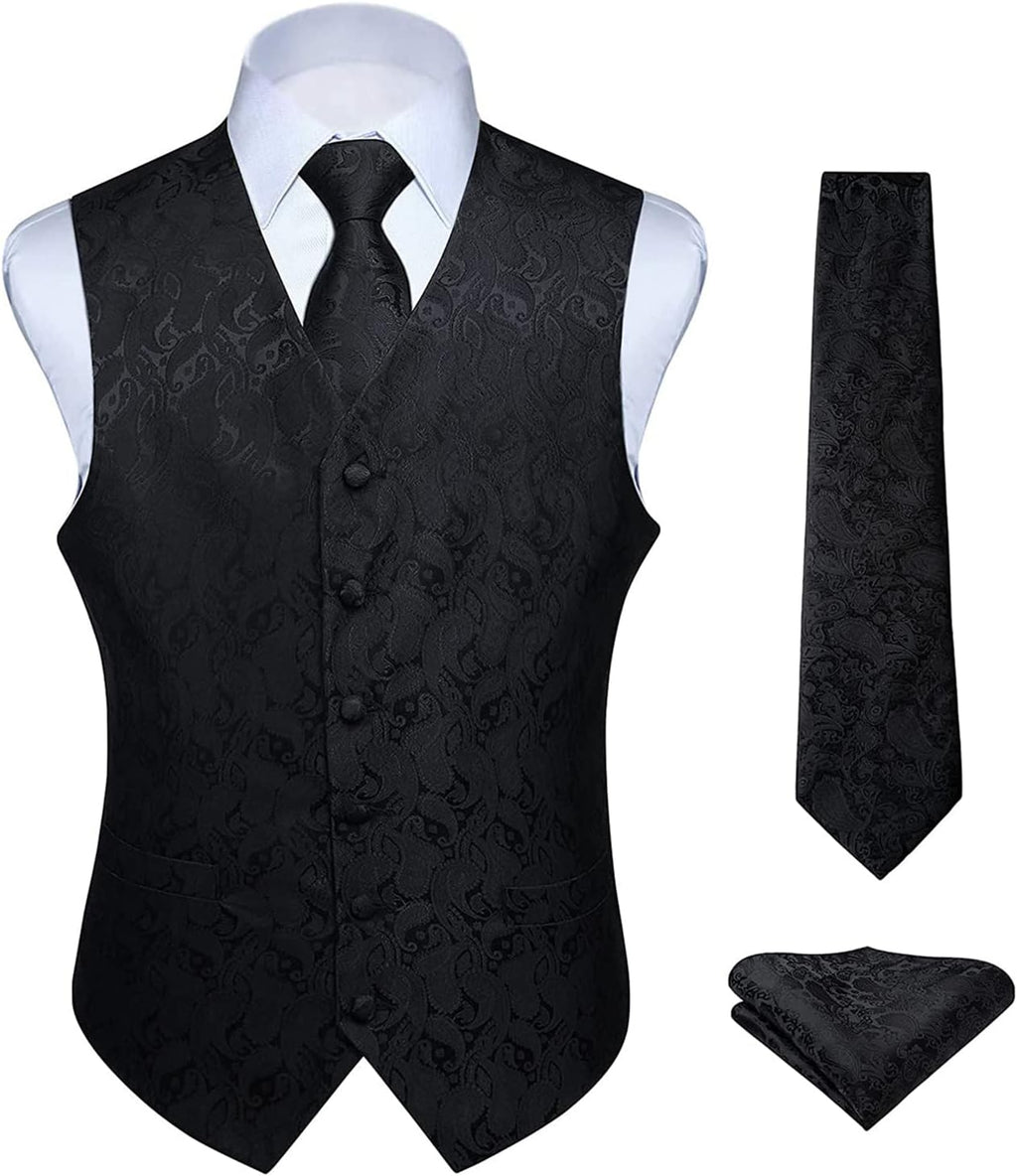 Hisdern Herrväst med paisleymönster, blommig jacquard-slips, bröstnäsduk och näsduk, perfekt för bröllop, fest eller affärsmöten, väst-set för kostym i storlekarna XS–6XL