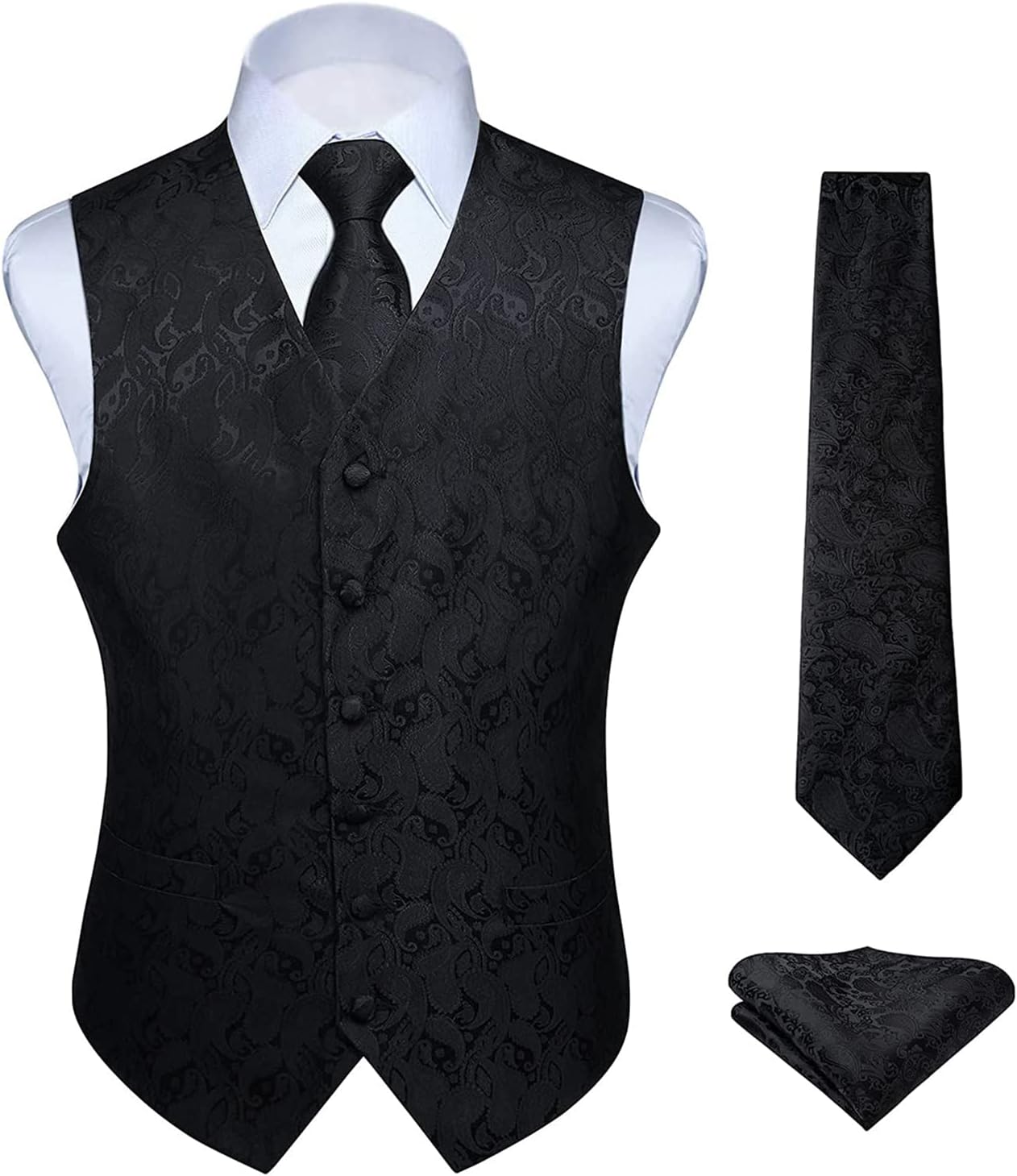 Hisdern Herrväst med paisleymönster, blommig jacquard-slips, bröstnäsduk och näsduk, perfekt för bröllop, fest eller affärsmöten, väst-set för kostym i storlekarna XS–6XL