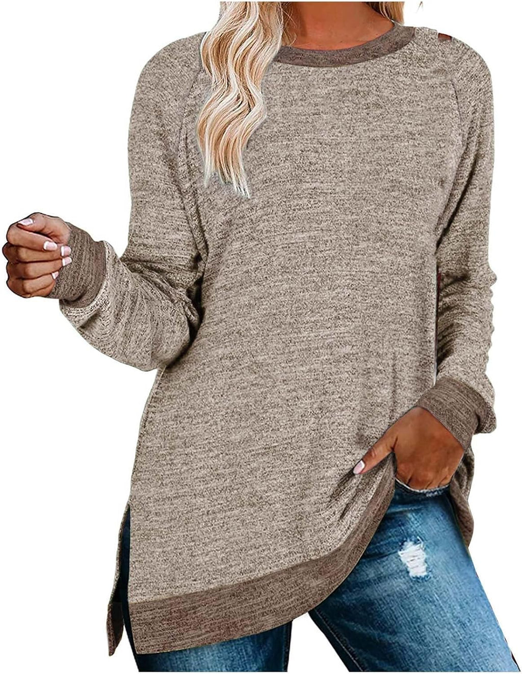 HUIFUAO T-shirt för kvinnor långärmad rund hals färgblock delad topp lös pullover topp skjorta kvinnor svart plus size t-shirt