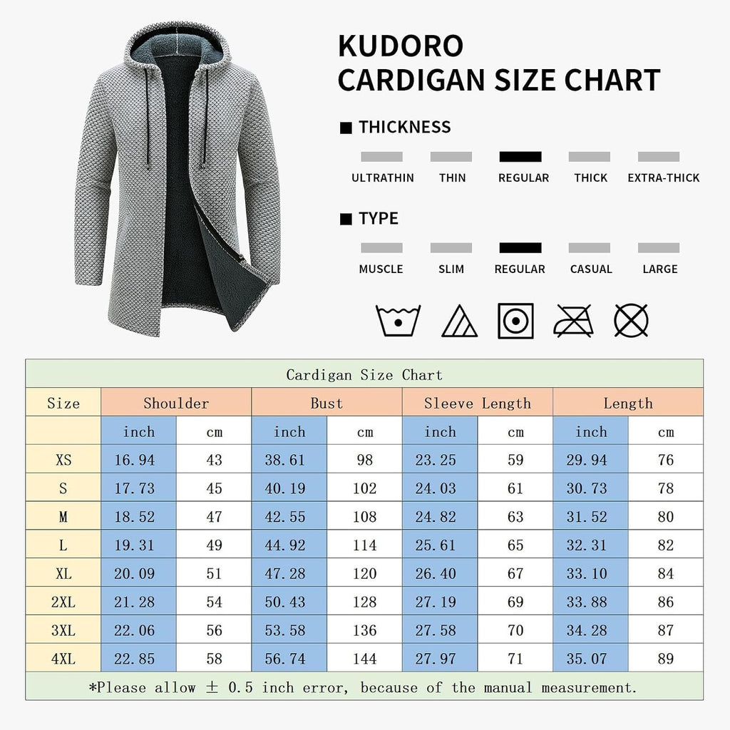 KUDORO Herrcardigan lång väst med dragkedja stickad kofta huvtröja tjock och ledig fleece tröja huvtröja