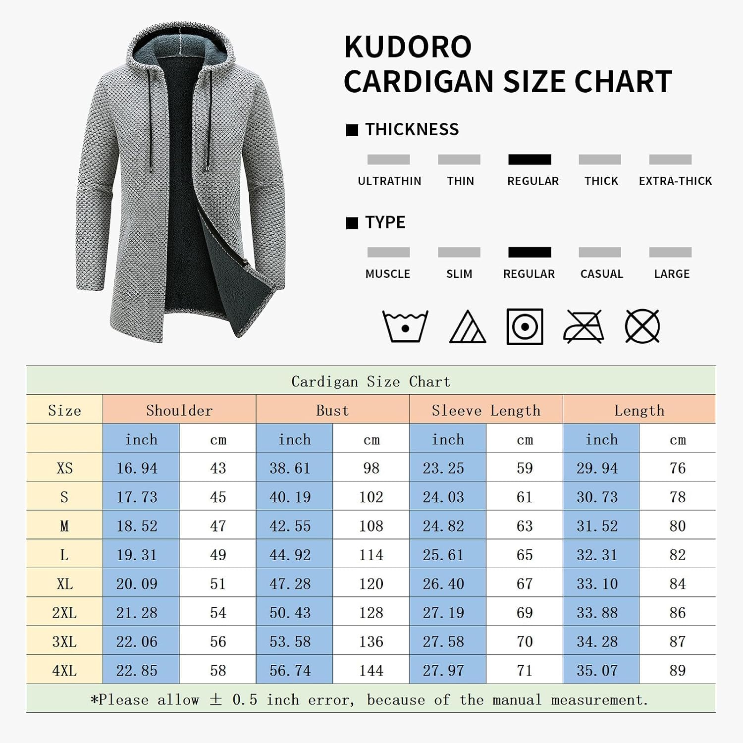 KUDORO Herrcardigan lång väst med dragkedja stickad kofta huvtröja tjock och ledig fleece tröja huvtröja