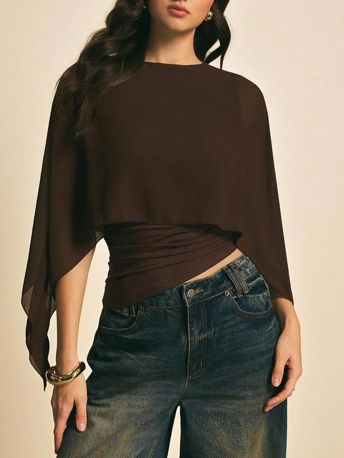 asymmetrisk blus för kvinnor med sheer chiffongponcho, eleganta skjortor topp kläder streetwear sommar fest klubb kläder