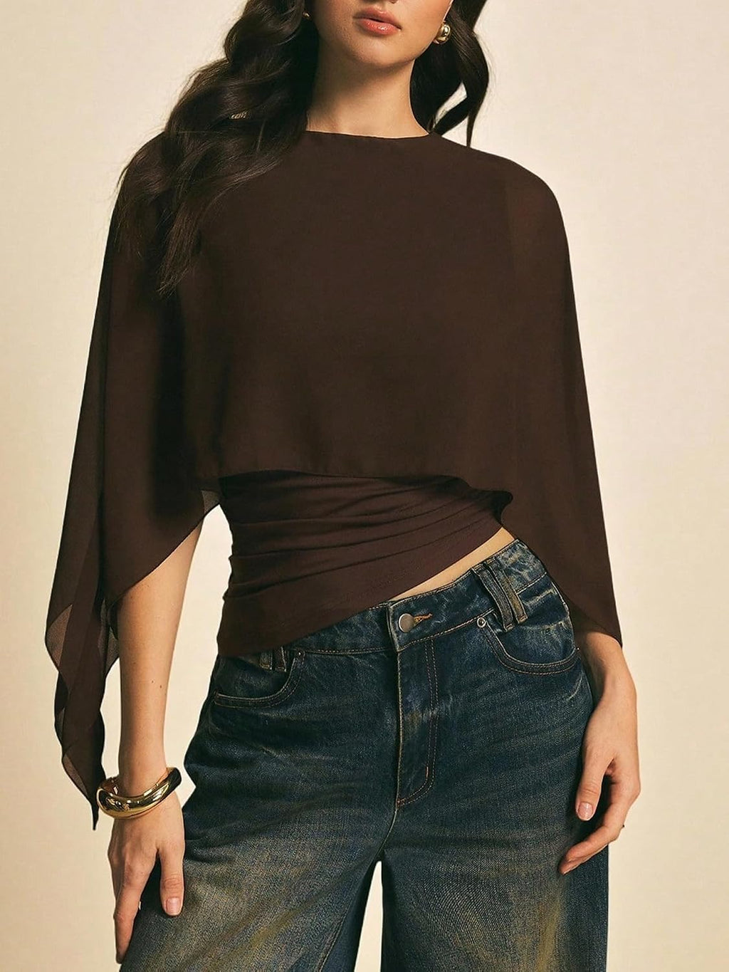 asymmetrisk blus för kvinnor med sheer chiffongponcho, eleganta skjortor topp kläder streetwear sommar fest klubb kläder