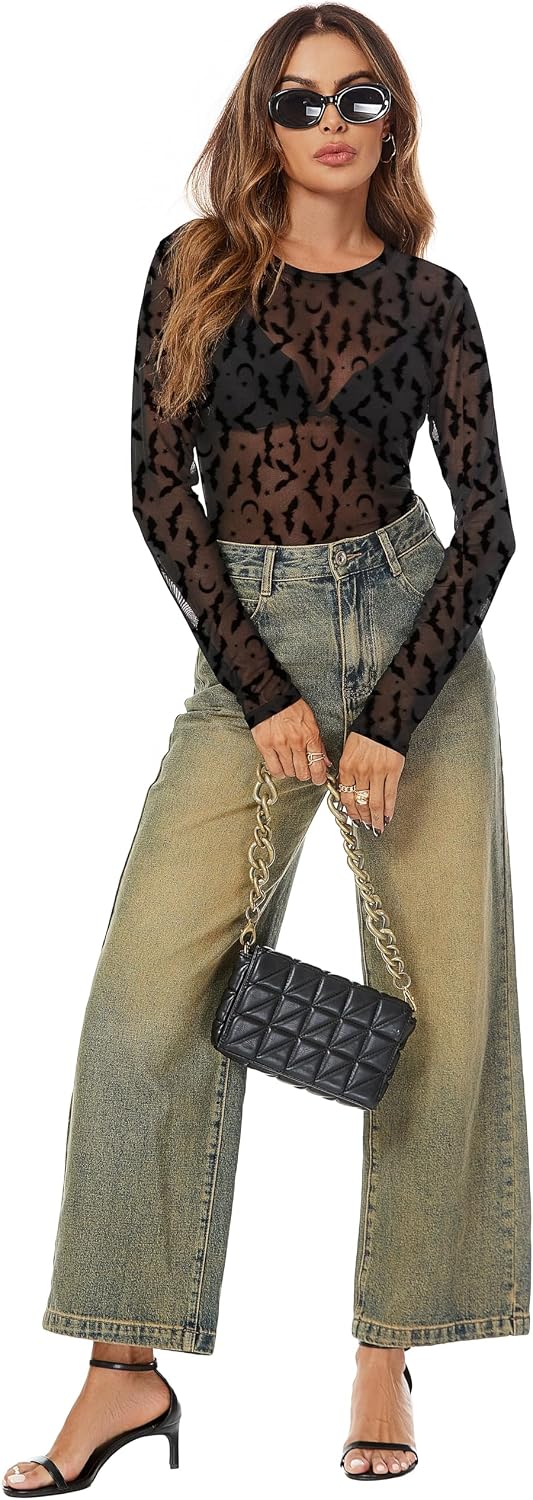 IECCP Nättopp damer sexig nättopp transparent nät topp svart nät sheer toppar långärmad skjorta casual toppar ren blus tyll nät t-shirt tunika klubbkläder party gå ut musikfestival