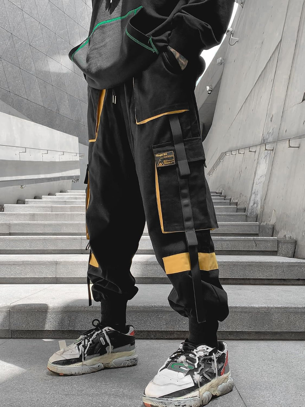 Herrjoggingbyxor punk cargo baggy techwear streetwear hiphop par kvinnor unisex sport vardagsbyxor, Svartgul, XL