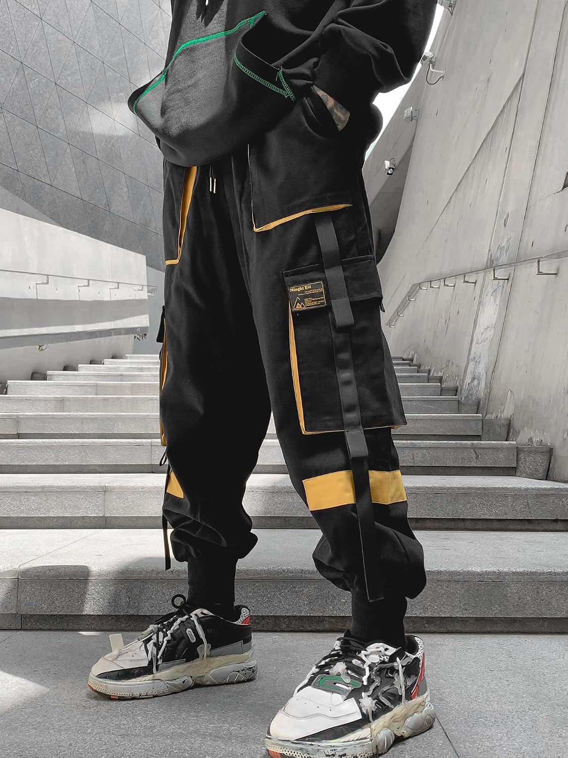 Herrjoggingbyxor punk cargo baggy techwear streetwear hiphop par kvinnor unisex sport vardagsbyxor, Svartgul, XL