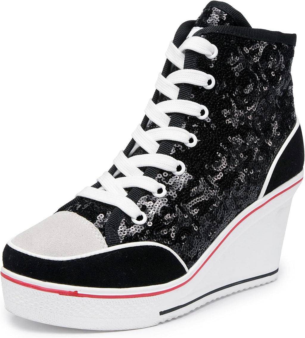 Högklackade blingskor för kvinnor vardagsskor mode glittrande sneakers för promenadplattform kilpumpskor