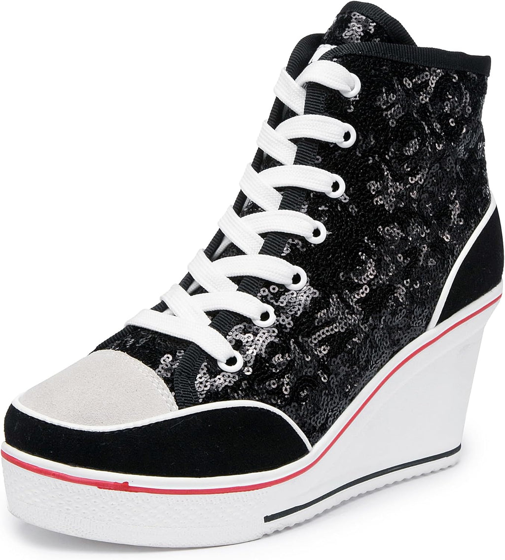 Högklackade blingskor för kvinnor vardagsskor mode glittrande sneakers för promenadplattform kilpumpskor