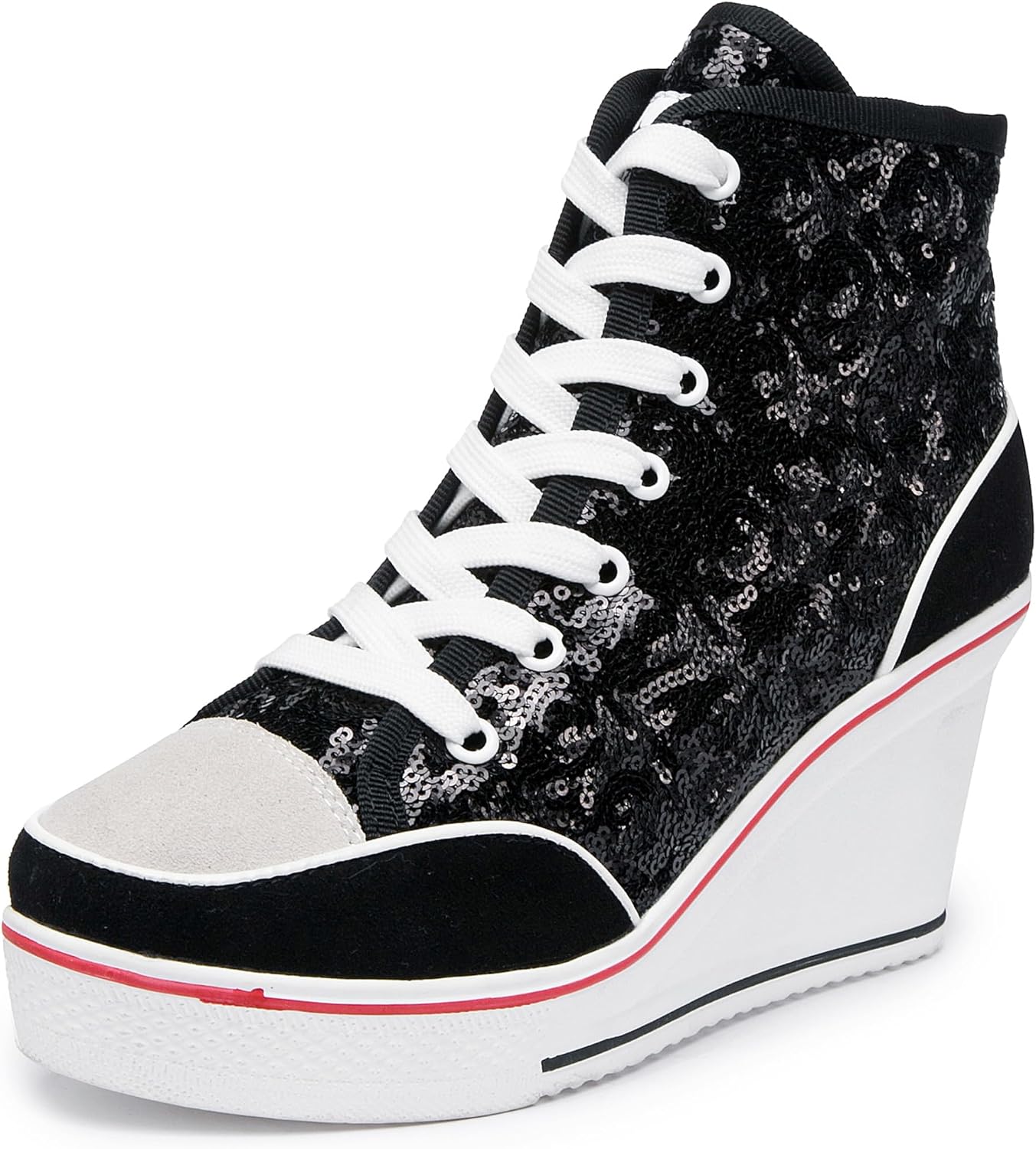 Högklackade blingskor för kvinnor vardagsskor mode glittrande sneakers för promenadplattform kilpumpskor