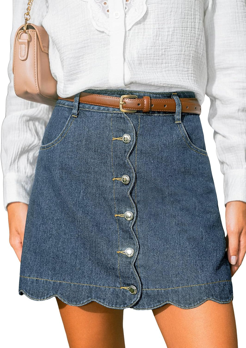 CUPSHE kvinnor denim kjol vardaglig hög midja A-linje skulpterad fåll mini jeanskjol med fickor