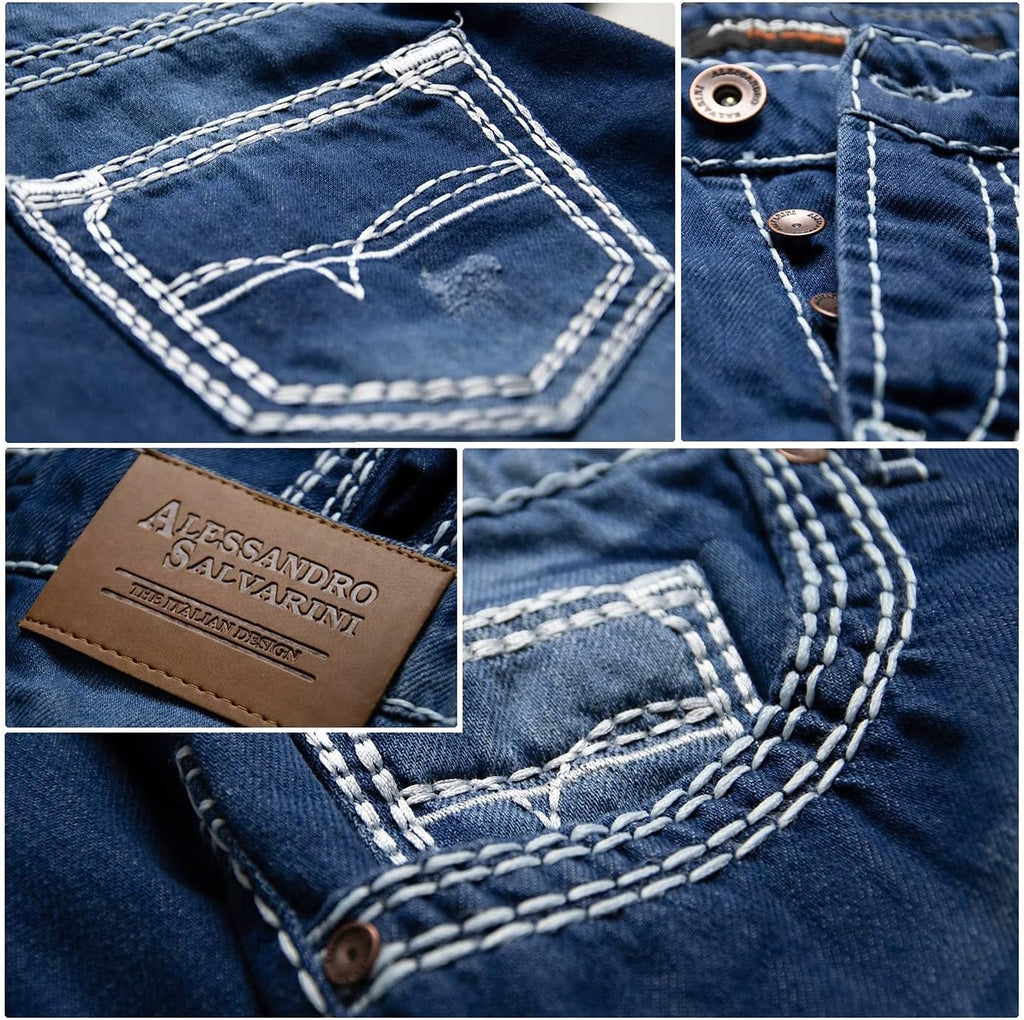 A. Salvarini herr designer jeans byxor blå stonewash tjocka vita dekorativa sömmar AS011