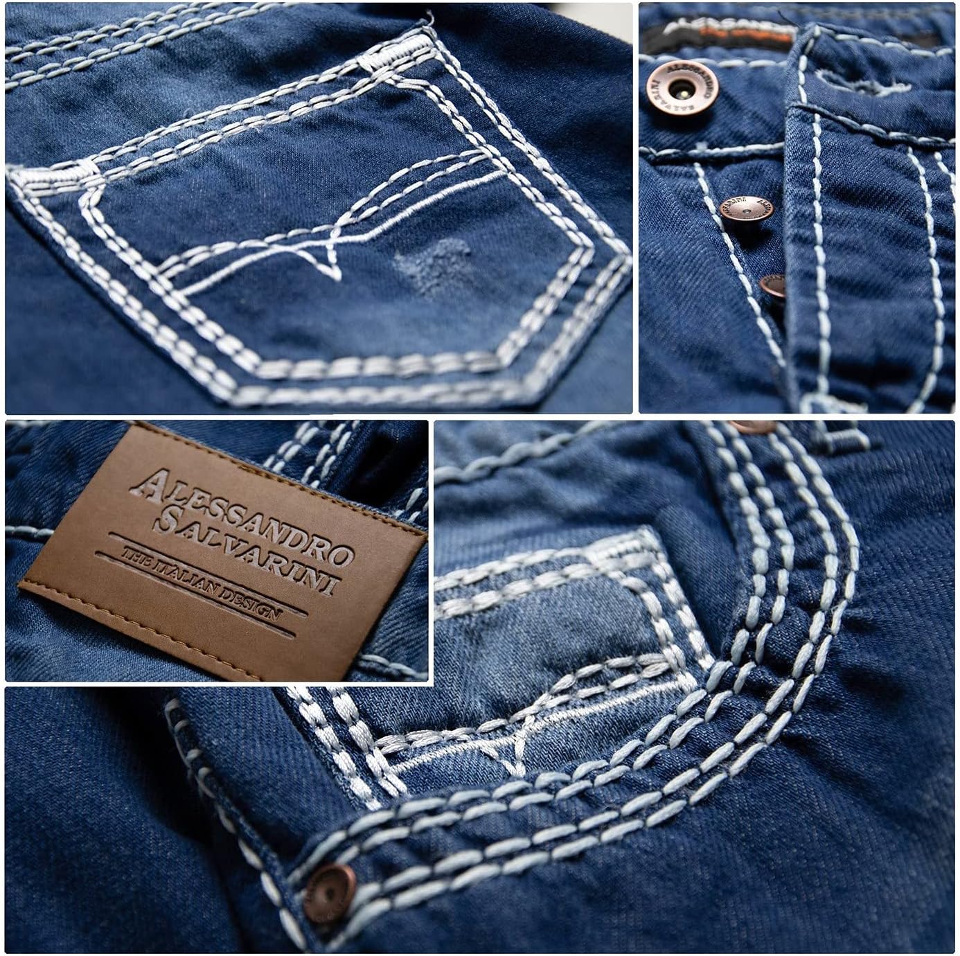 A. Salvarini herr designer jeans byxor blå stonewash tjocka vita dekorativa sömmar AS011