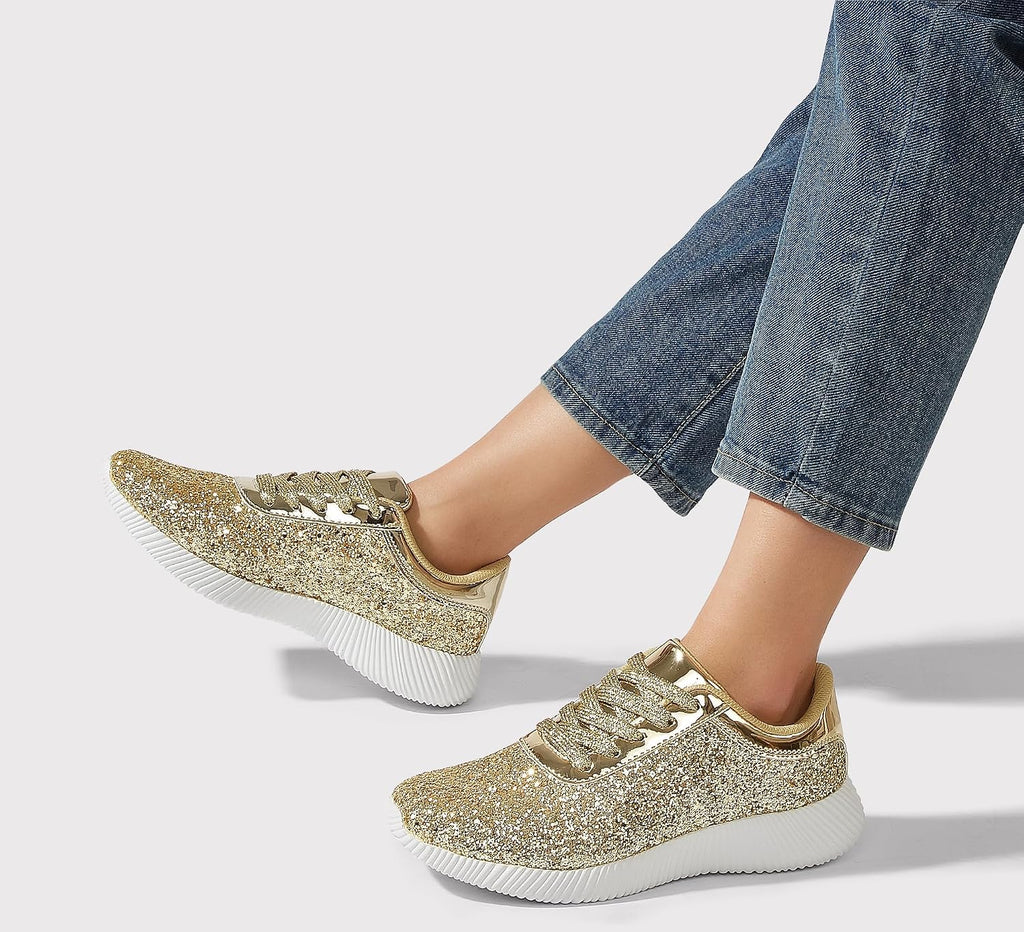 LUCKY STEP Briljanta sneakers för kvinnor med strass och metallpaljetter, lätta tennisskor