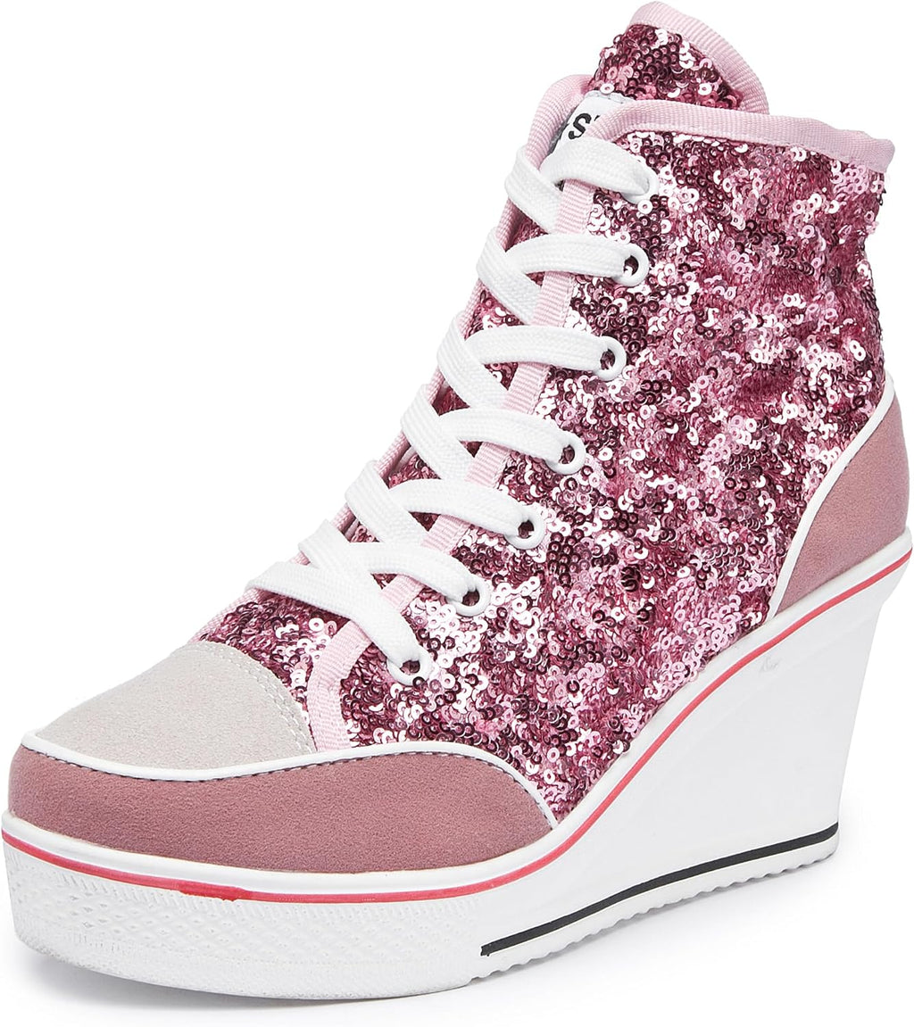 Högklackade blingskor för kvinnor vardagsskor mode glittrande sneakers för promenadplattform kilpumpskor