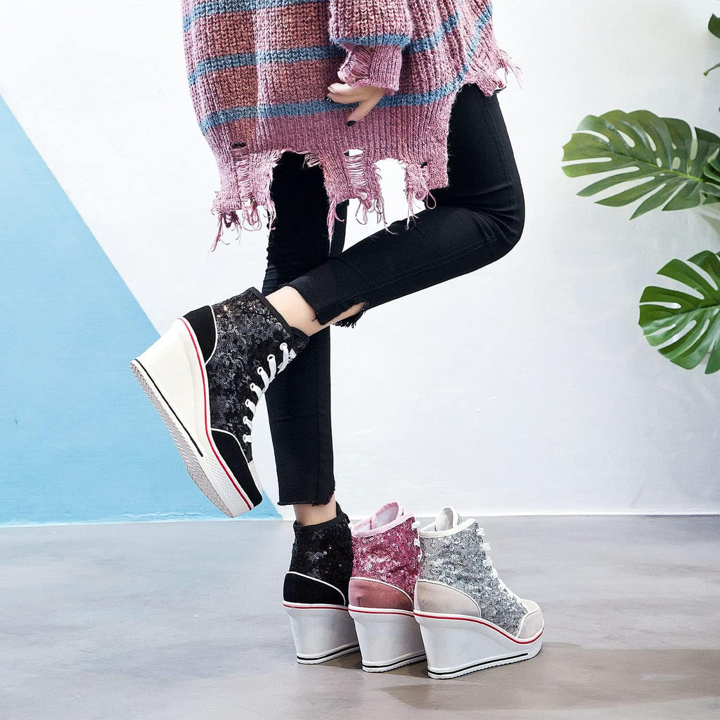 Högklackade blingskor för kvinnor vardagsskor mode glittrande sneakers för promenadplattform kilpumpskor
