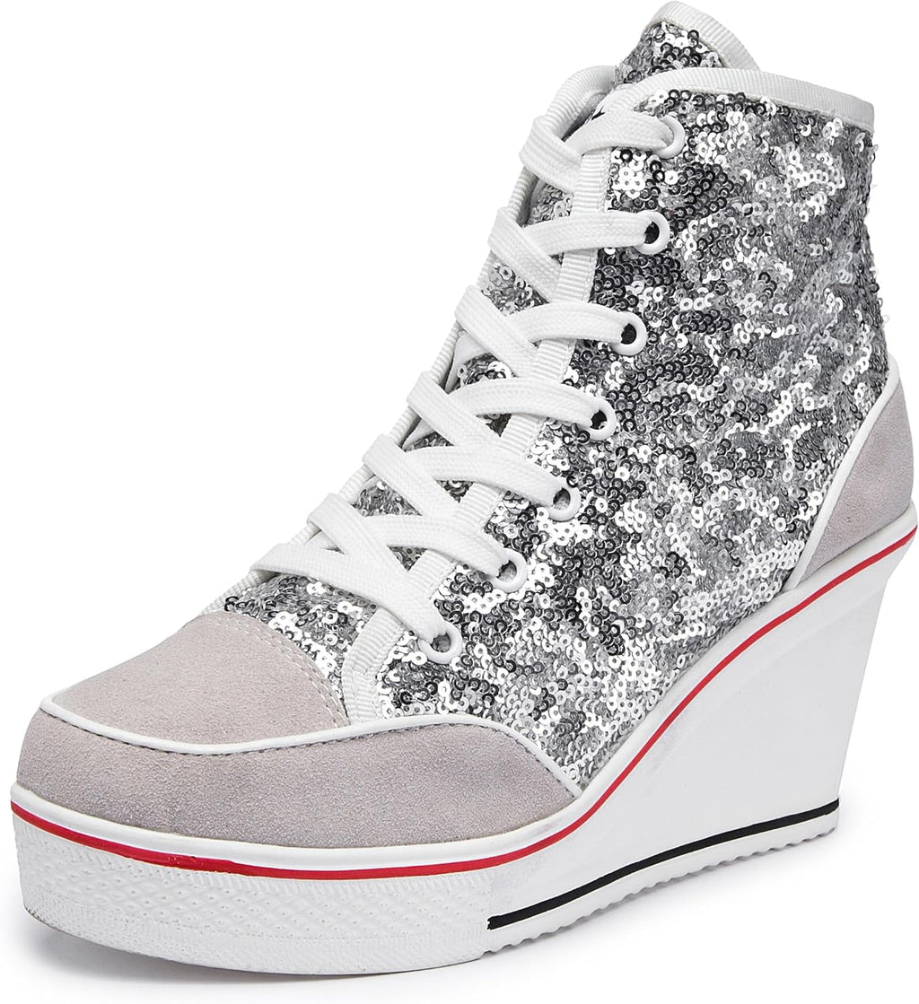 Högklackade blingskor för kvinnor vardagsskor mode glittrande sneakers för promenadplattform kilpumpskor
