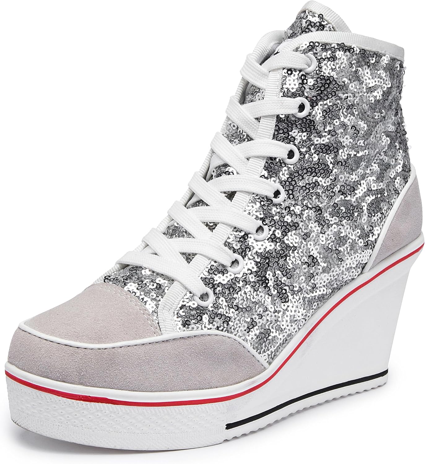 Högklackade blingskor för kvinnor vardagsskor mode glittrande sneakers för promenadplattform kilpumpskor