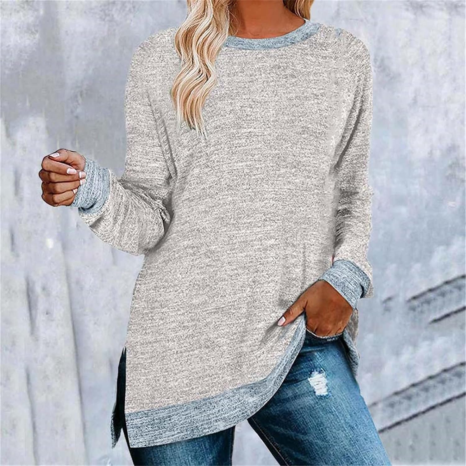 HUIFUAO T-shirt för kvinnor långärmad rund hals färgblock delad topp lös pullover topp skjorta kvinnor svart plus size t-shirt