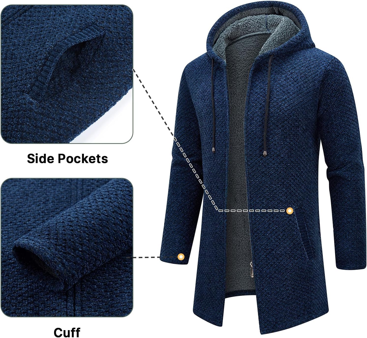 KUDORO Herrcardigan lång väst med dragkedja stickad kofta huvtröja tjock och ledig fleece tröja huvtröja