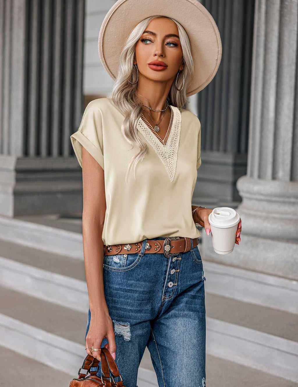 Zeagoo Dam-t-shirt, satinblus, spets, v-ringad, skjorta, eleganta blusar, kortärmad tunika, topp, lediga toppar, sommar, lösa toppar