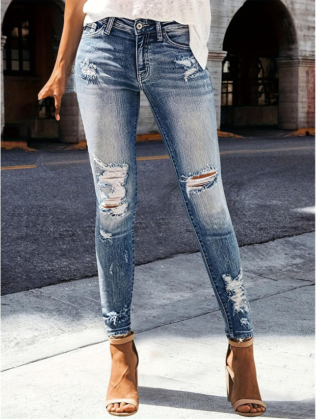 Trendiga jeans för kvinnor 2025 Skinny Ripped Trendiga jeans Distressed Stretchy jeansbyxor