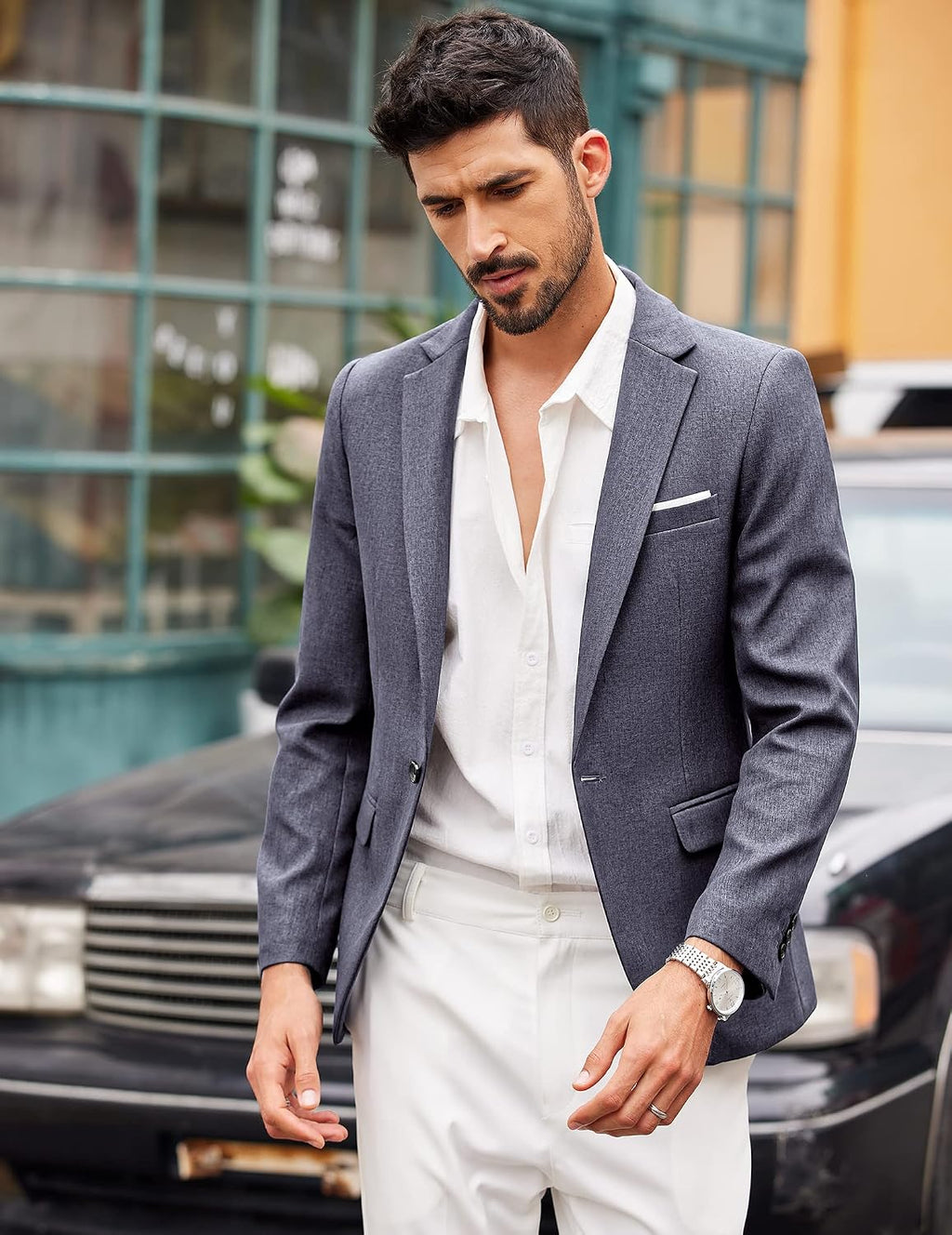 Coofand Vardaglig kostymkavaj för män, blazer, lätt och sportig med en knapp, linnetextur
