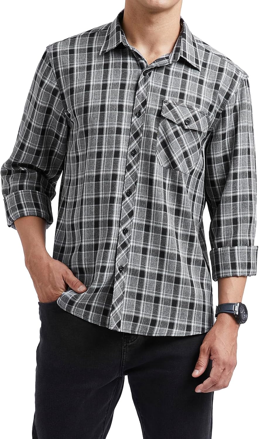 HISDERN Långärmad vardaglig rutig flanellskjorta rutig tartan button-down-skjortor för män S-4XL