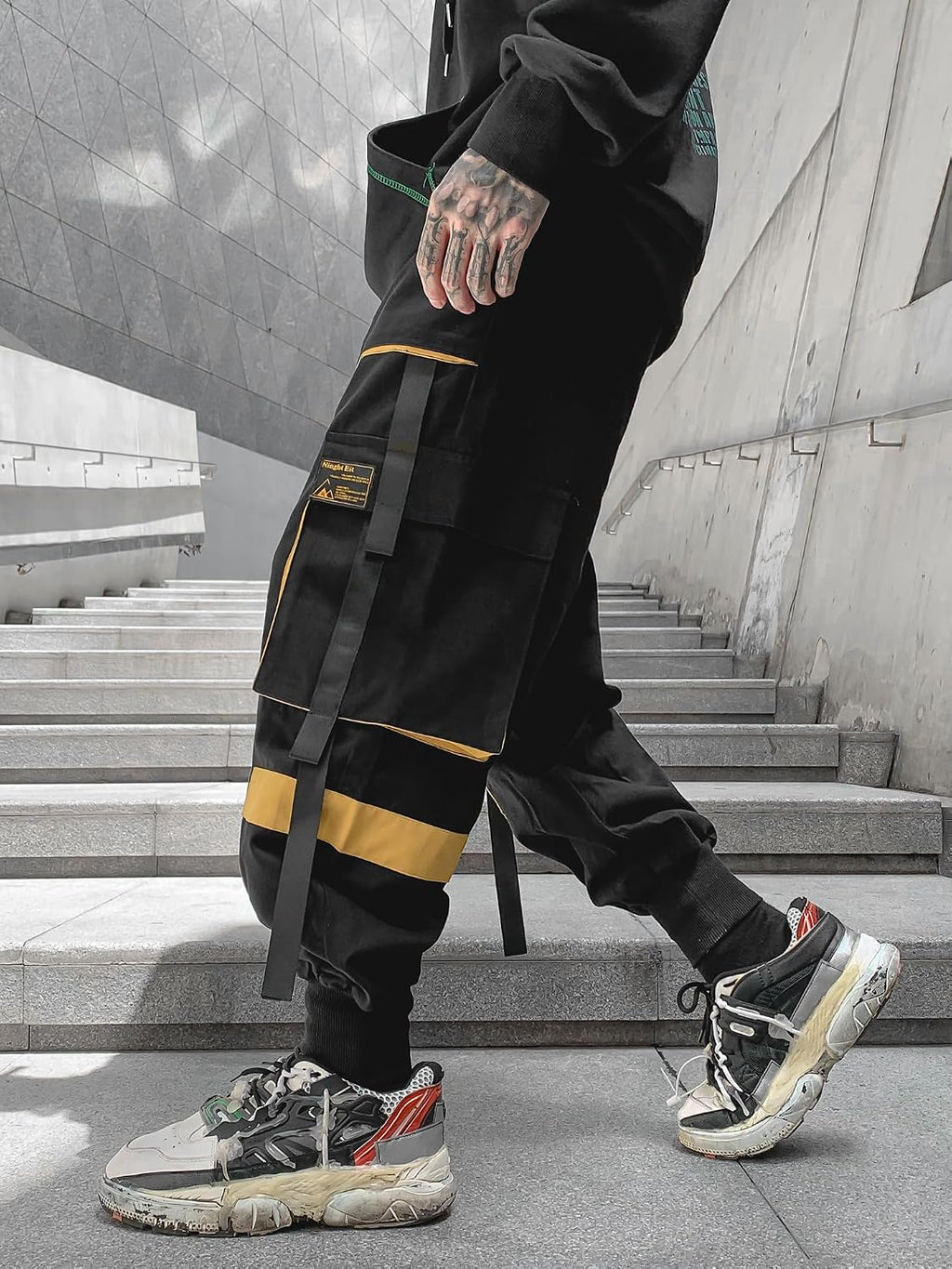 Herrjoggingbyxor punk cargo baggy techwear streetwear hiphop par kvinnor unisex sport vardagsbyxor, Svartgul, XL