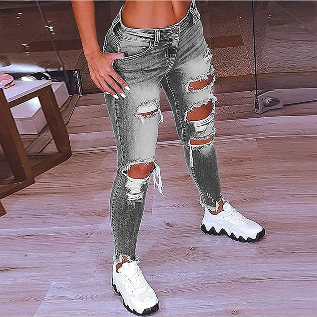 Hög Midja Ripped Jeans Kvinnor Jeans Byxor Kvinnor Hål Skinny Jeans Byxor Kvinnor Ripped Destroyed Denim Jeans Relaxed Women Stretch Slim Fit Ripped Broken Pants Jeans Leggings Women Large Jeans för k