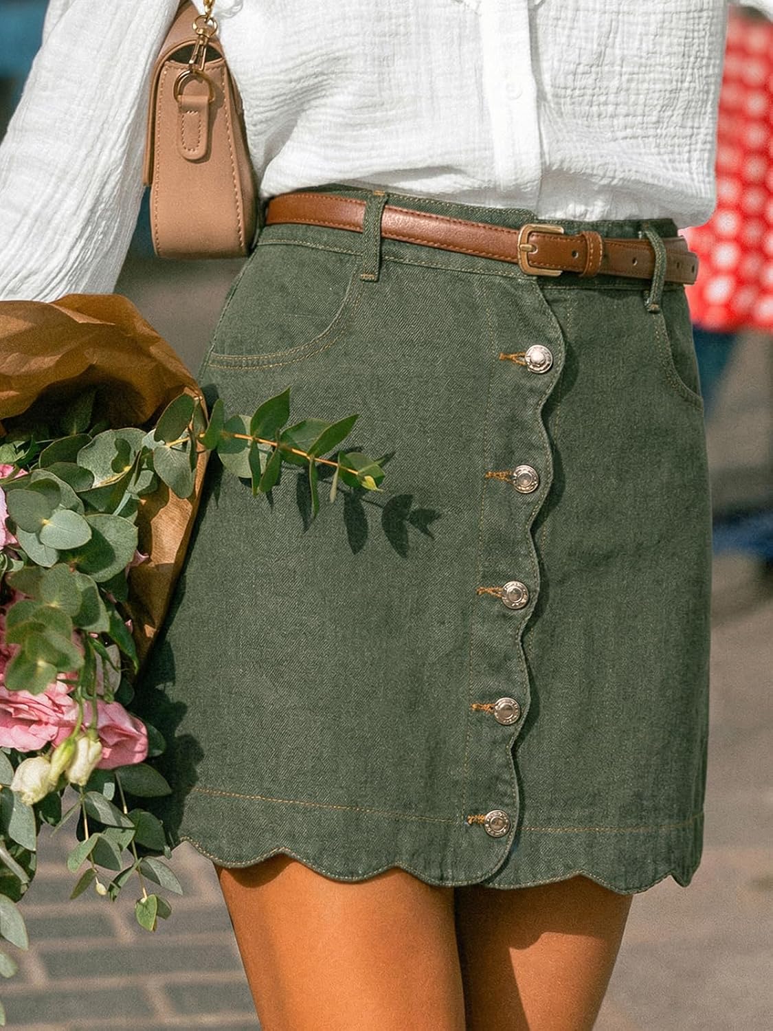 CUPSHE kvinnor denim kjol vardaglig hög midja A-linje skulpterad fåll mini jeanskjol med fickor