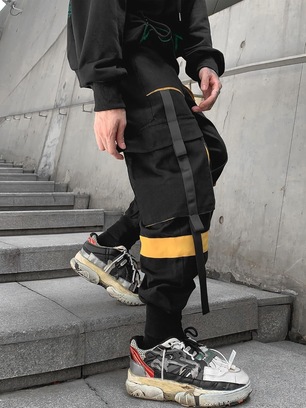 Herrjoggingbyxor punk cargo baggy techwear streetwear hiphop par kvinnor unisex sport vardagsbyxor, Svartgul, XL