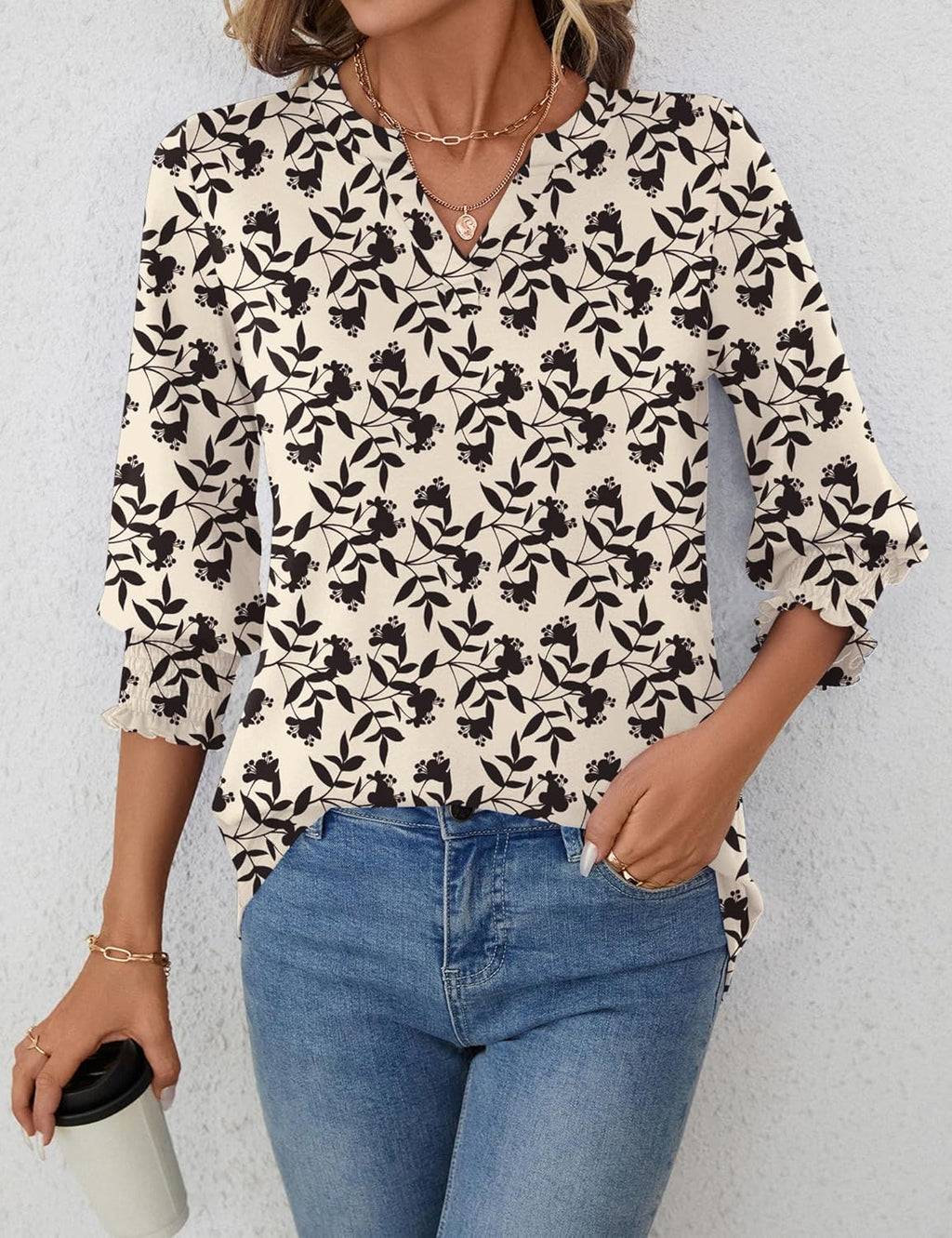 Rapbin Damblus med 3/4-ärm, lång V-ringad tunika, sommartopp, elegant, ledig blus, topp