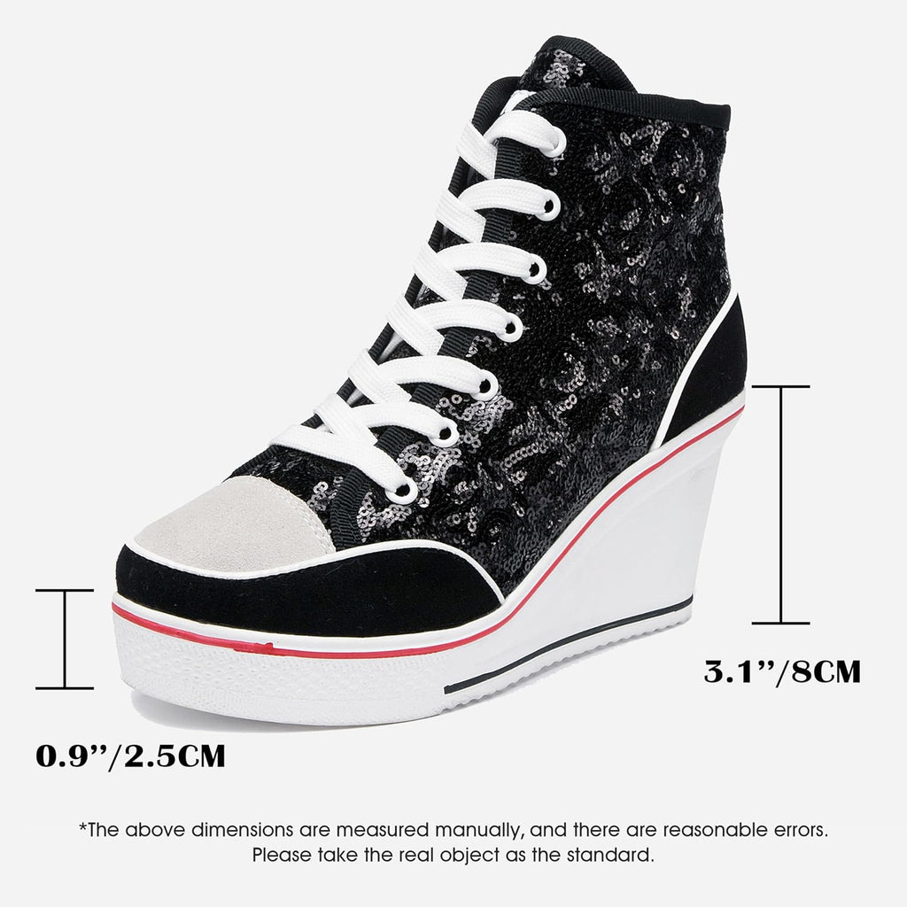 Högklackade blingskor för kvinnor vardagsskor mode glittrande sneakers för promenadplattform kilpumpskor